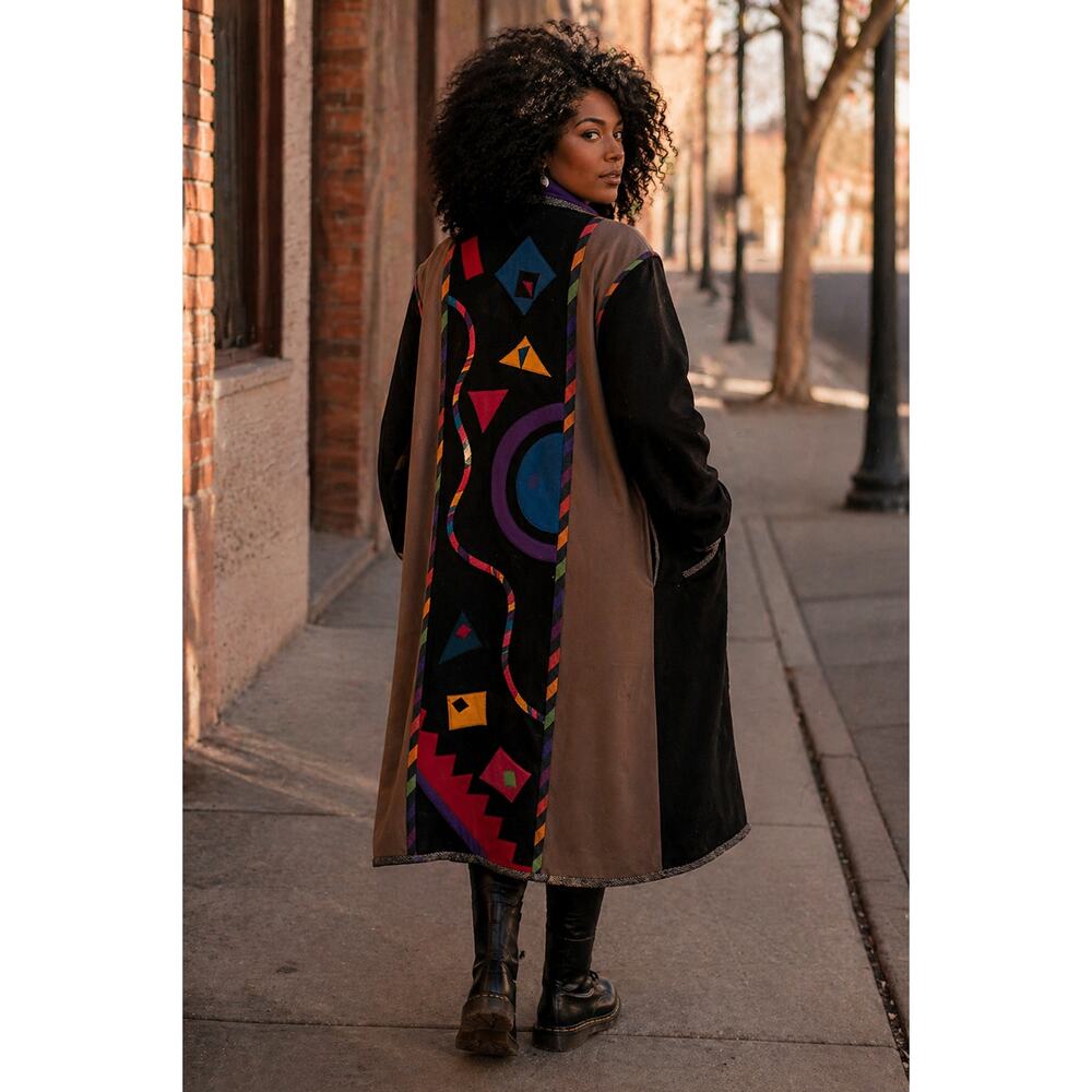 Vintage Lynn Murray Wool Coat XL Geometric Colorblock Long Boho Artsy